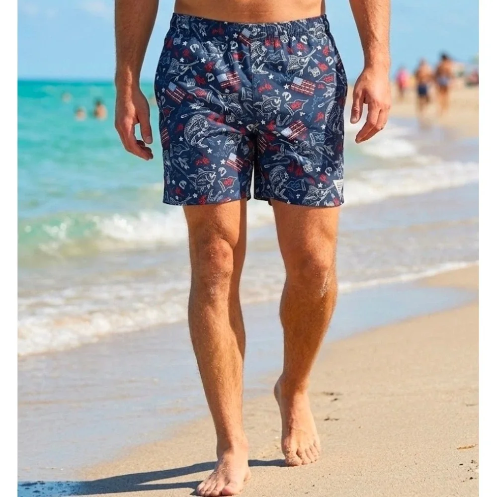 Columbia PFG Mens Collegiate Navy Fish Flag Print Backcast Water Shorts Medium